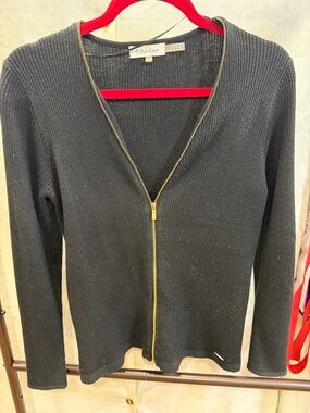 Calvin Klein Black Ribbed V-Neck Zip Cardigan with Gold Zipper